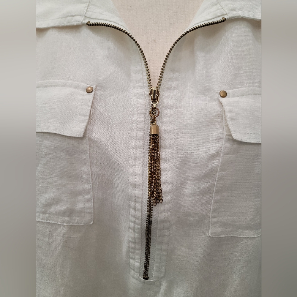 Ellen Tracy 100% White Linen Zip-Front Rolled-Sleeve Tunic Blouse size L - Picture 3 of 12